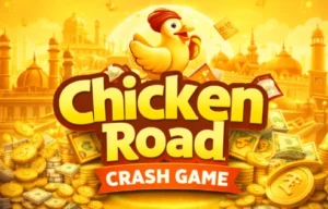 Chicken Road crash game in India with yellow theme, flying chicken character, gold coins and online casino gameplay